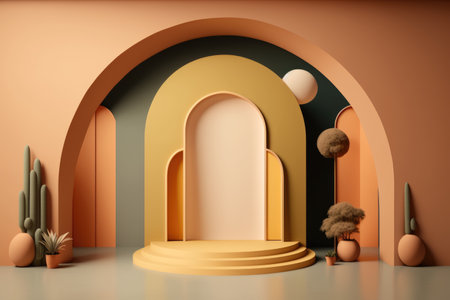 Podium color 3D background with geometric shapes for product presentation minimal style, stage. Generative AI.の素材