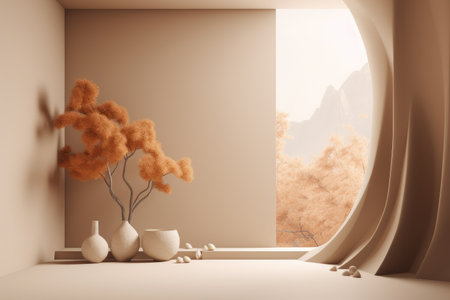 Podium color 3D background with geometric shapes for product presentation minimal style, stage, nature. Generative AI.の素材