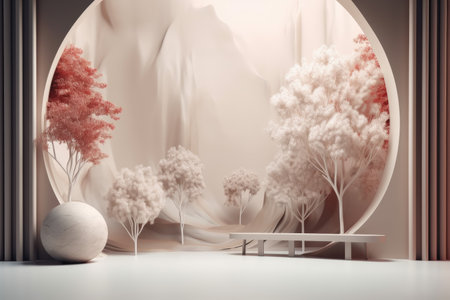 Podium color 3D background with geometric shapes for product presentation minimal style, stage, nature. Generative AI.の素材