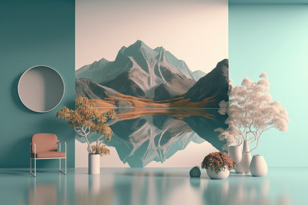 Podium color 3D background with geometric shapes for product presentation minimal style, stage, nature. Generative AI.の素材