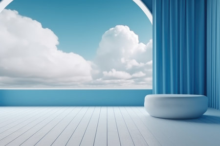 3D podium blue scene with cloud sky background, abstract background 3d rendering geometric shape blue pastel color. Stage for show cosmetic. Generative AI.の素材