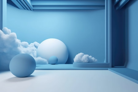 3D podium blue scene with cloud sky background, abstract background 3d rendering geometric shape blue pastel color. Stage for show cosmetic. Generative AI.の素材