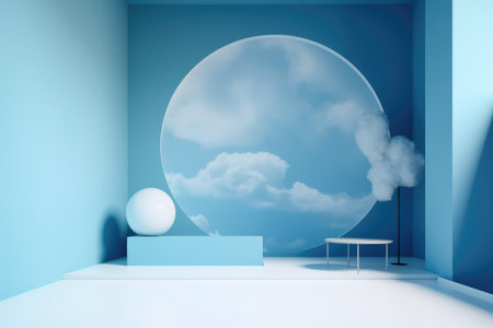 3D podium blue scene with cloud sky background, abstract background 3d rendering geometric shape blue pastel color. Stage for show cosmetic. Generative AI.の素材