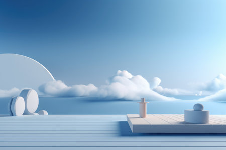 3D podium blue scene with cloud sky background, abstract background 3d rendering geometric shape blue pastel color. Stage for show cosmetic. Generative AI.の素材