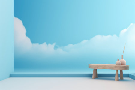3D podium blue scene with cloud sky background, abstract background 3d rendering geometric shape blue pastel color. Stage for show cosmetic. Generative AI.の素材