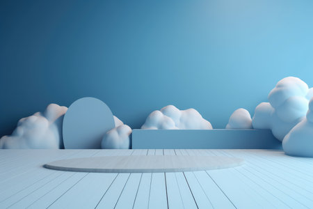 3D podium blue scene with cloud sky background, abstract background 3d rendering geometric shape blue pastel color. Stage for show cosmetic. Generative AI.の素材