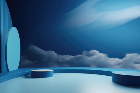 3D podium blue scene with cloud sky background, abstract background 3d rendering geometric shape blue pastel color. Stage for show cosmetic. Generative AI.の素材