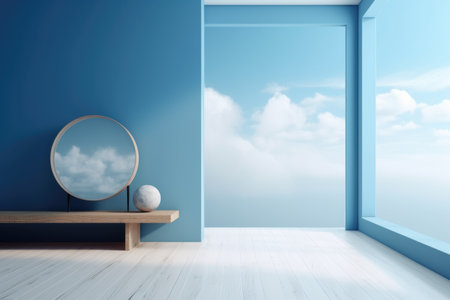 3D podium blue scene with cloud sky background, abstract background 3d rendering geometric shape blue pastel color. Stage for show cosmetic. Generative AI.の素材