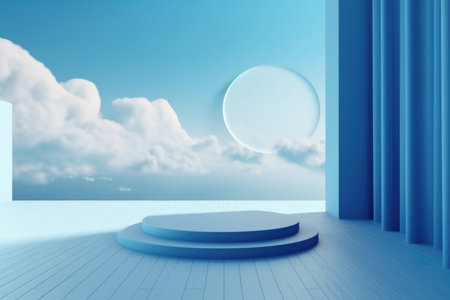 3D podium blue scene with cloud sky background, abstract background 3d rendering geometric shape blue pastel color. Stage for show cosmetic. Generative AI.の素材