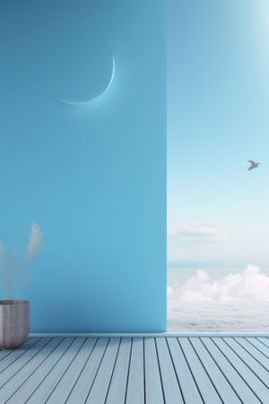 3D podium blue scene with cloud sky background, abstract background 3d rendering geometric shape blue pastel color. Stage for show cosmetic. Generative AI.の素材