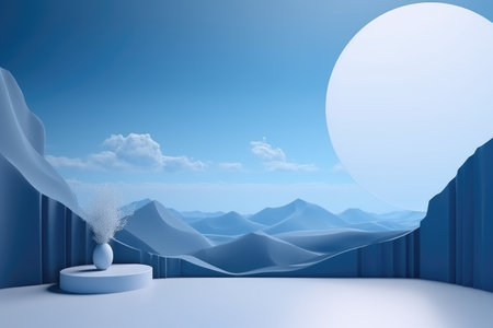 3D podium blue scene with cloud sky background, abstract background 3d rendering geometric shape blue pastel color. Stage for show cosmetic. Generative AI.の素材