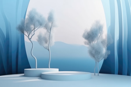 3D podium blue scene with cloud sky background, abstract background 3d rendering geometric shape blue pastel color. Stage for show cosmetic. Generative AI.の素材