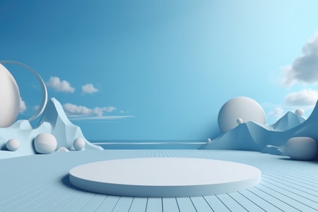 3D podium blue scene with cloud sky background, abstract background 3d rendering geometric shape blue pastel color. Stage for show cosmetic. Generative AI.の素材