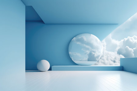 3D podium blue scene with cloud sky background, abstract background 3d rendering geometric shape blue pastel color. Stage for show cosmetic. Generative AI.の素材