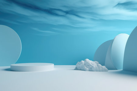 3D podium blue scene with cloud sky background, abstract background 3d rendering geometric shape blue pastel color. Stage for show cosmetic. Generative AI.の素材