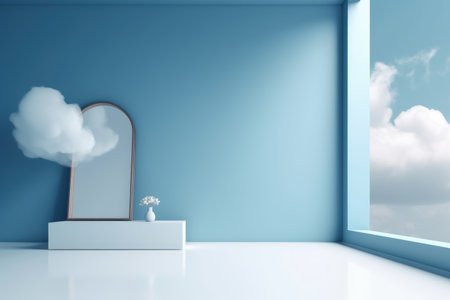 3D podium blue scene with cloud sky background, abstract background 3d rendering geometric shape blue pastel color. Stage for show cosmetic. Generative AI.の素材