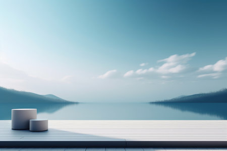 3D podium blue scene with cloud sky background, abstract background 3d rendering geometric shape blue pastel color. Stage for show cosmetic. Generative AI.の素材