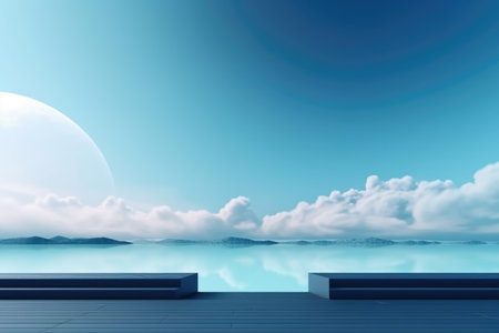 3D podium blue scene with cloud sky background, abstract background 3d rendering geometric shape blue pastel color. Stage for show cosmetic. Generative AI.の素材