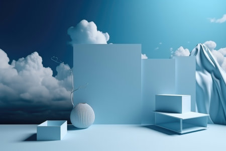 3D podium blue scene with cloud sky background, abstract background 3d rendering geometric shape blue pastel color. Stage for show cosmetic. Generative AI.の素材