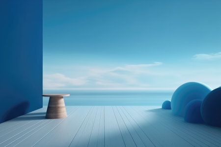 3D podium blue scene with cloud sky background, abstract background 3d rendering geometric shape blue pastel color. Stage for show cosmetic. Generative AI.の素材