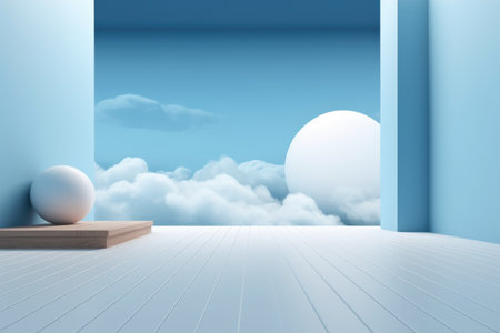 3D podium blue scene with cloud sky background, abstract background 3d rendering geometric shape blue pastel color. Stage for show cosmetic. Generative AI.の素材