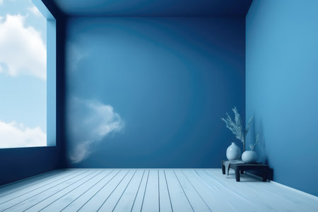 3D podium blue scene with cloud sky background, abstract background 3d rendering geometric shape blue pastel color. Stage for show cosmetic. Generative AI.の素材