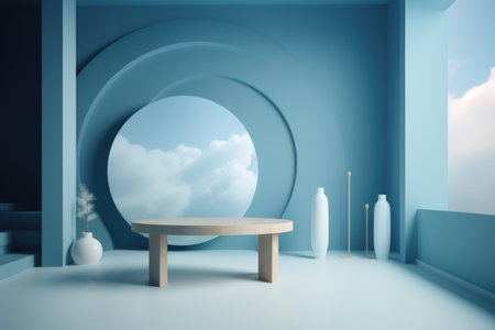 3D podium blue scene with cloud sky background, abstract background 3d rendering geometric shape blue pastel color. Stage for show cosmetic. Generative AI.の素材