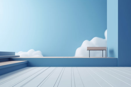 3D podium blue scene with cloud sky background, abstract background 3d rendering geometric shape blue pastel color. Stage for show cosmetic. Generative AI.の素材