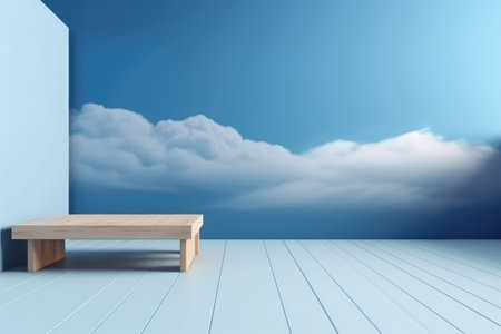 3D podium blue scene with cloud sky background, abstract background 3d rendering geometric shape blue pastel color. Stage for show cosmetic. Generative AI.の素材