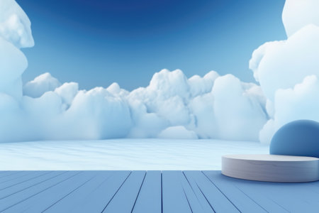 3D podium blue scene with cloud sky background, abstract background 3d rendering geometric shape blue pastel color. Stage for show cosmetic. Generative AI.の素材
