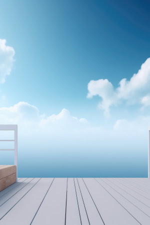 3D podium blue scene with cloud sky background, abstract background 3d rendering geometric shape blue pastel color. Stage for show cosmetic. Generative AI.の素材