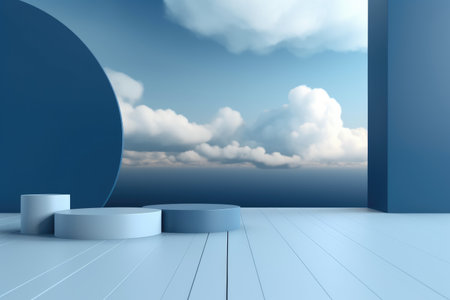 3D podium blue scene with cloud sky background, abstract background 3d rendering geometric shape blue pastel color. Stage for show cosmetic. Generative AI.の素材