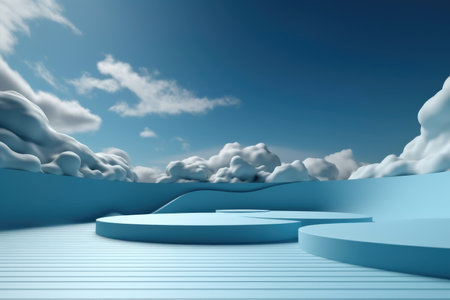 3D podium blue scene with cloud sky background, abstract background 3d rendering geometric shape blue pastel color. Stage for show cosmetic. Generative AI.の素材
