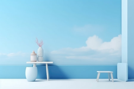 3D podium blue scene with cloud sky background, abstract background 3d rendering geometric shape blue pastel color. Stage for show cosmetic. Generative AI.の素材