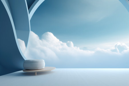 3D podium blue scene with cloud sky background, abstract background 3d rendering geometric shape blue pastel color. Stage for show cosmetic. Generative AI.の素材