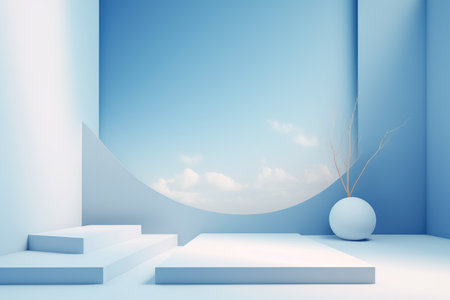 3D podium blue scene with cloud sky background, abstract background 3d rendering geometric shape blue pastel color. Stage for show cosmetic. Generative AI.の素材