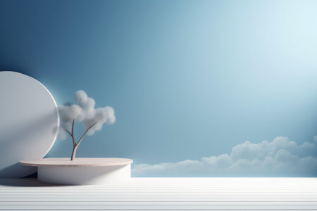 3D podium blue scene with cloud sky background, abstract background 3d rendering geometric shape blue pastel color. Stage for show cosmetic. Generative AI.の素材