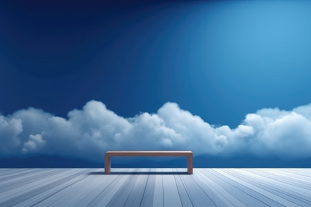 3D podium blue scene with cloud sky background, abstract background 3d rendering geometric shape blue pastel color. Stage for show cosmetic. Generative AI.の素材