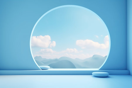 3D podium blue scene with cloud sky background, abstract background 3d rendering geometric shape blue pastel color. Stage for show cosmetic. Generative AI.の素材