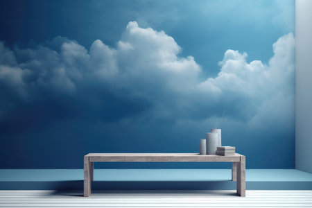 3D podium blue scene with cloud sky background, abstract background 3d rendering geometric shape blue pastel color. Stage for show cosmetic. Generative AI.の素材