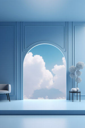 3D podium blue scene with cloud sky background, abstract background 3d rendering geometric shape blue pastel color. Stage for show cosmetic. Generative AI.の素材