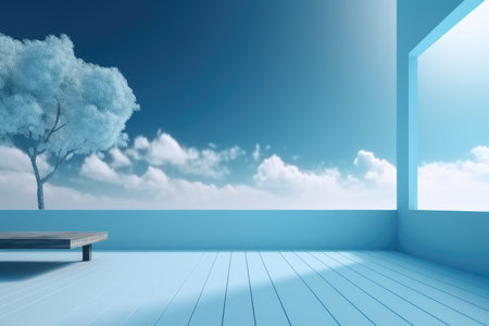 3D podium blue scene with cloud sky background, abstract background 3d rendering geometric shape blue pastel color. Stage for show cosmetic. Generative AI.の素材