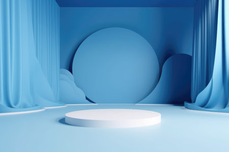 3D podium blue scene with cloud sky background, abstract background 3d rendering geometric shape blue pastel color. Stage for show cosmetic. Generative AI.の素材