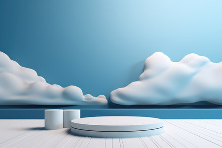 3D podium blue scene with cloud sky background, abstract background 3d rendering geometric shape blue pastel color. Stage for show cosmetic. Generative AI.の素材