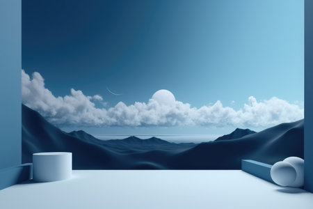 3D podium blue scene with cloud sky background, abstract background 3d rendering geometric shape blue pastel color. Stage for show cosmetic. Generative AI.の素材
