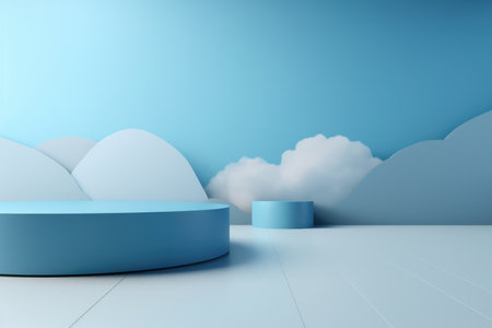 3D podium blue scene with cloud sky background, abstract background 3d rendering geometric shape blue pastel color. Stage for show cosmetic. Generative AI.の素材