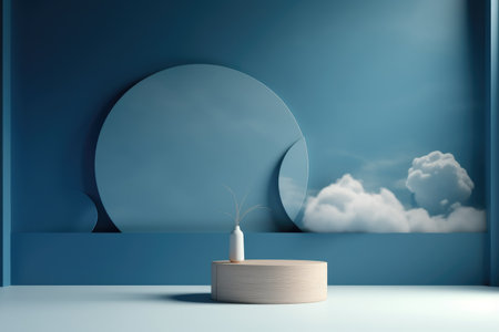 3D podium blue scene with cloud sky background, abstract background 3d rendering geometric shape blue pastel color. Stage for show cosmetic. Generative AI.の素材