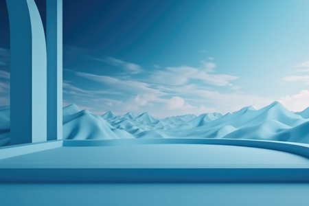 3D podium blue scene with cloud sky background, abstract background 3d rendering geometric shape blue pastel color. Stage for show cosmetic. Generative AI.の素材
