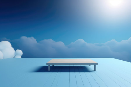 3D podium blue scene with cloud sky background, abstract background 3d rendering geometric shape blue pastel color. Stage for show cosmetic. Generative AI.の素材