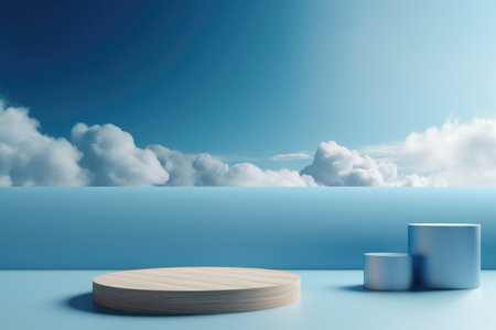3D podium blue scene with cloud sky background, abstract background 3d rendering geometric shape blue pastel color. Stage for show cosmetic. Generative AI.の素材
